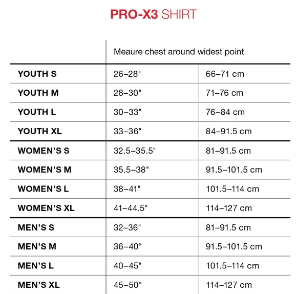 Sizing PRO-X3 Shirts